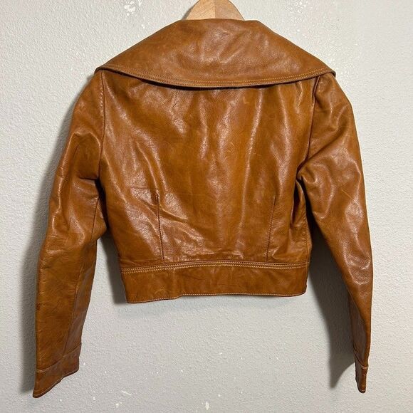 VTG 70s Womens Cropped Leather Jacket S/M Equipments Militaires Santa Fe Lapel - Picture 4 of 10